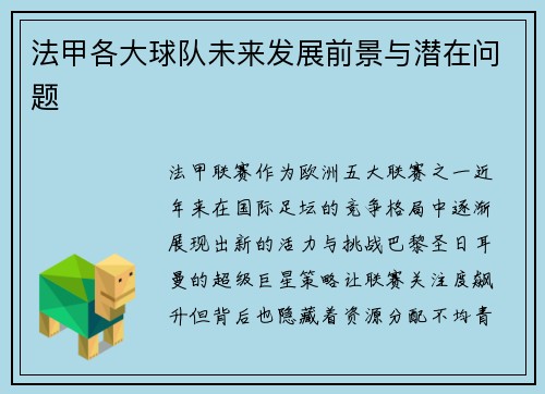 法甲各大球队未来发展前景与潜在问题
