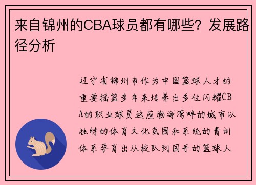 来自锦州的CBA球员都有哪些？发展路径分析